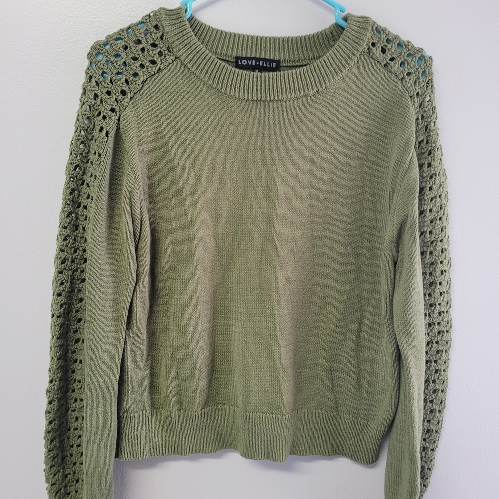 Love Ellie Olive Green Crochet Sleeve Crewneck Knit Sweater Womens Medium